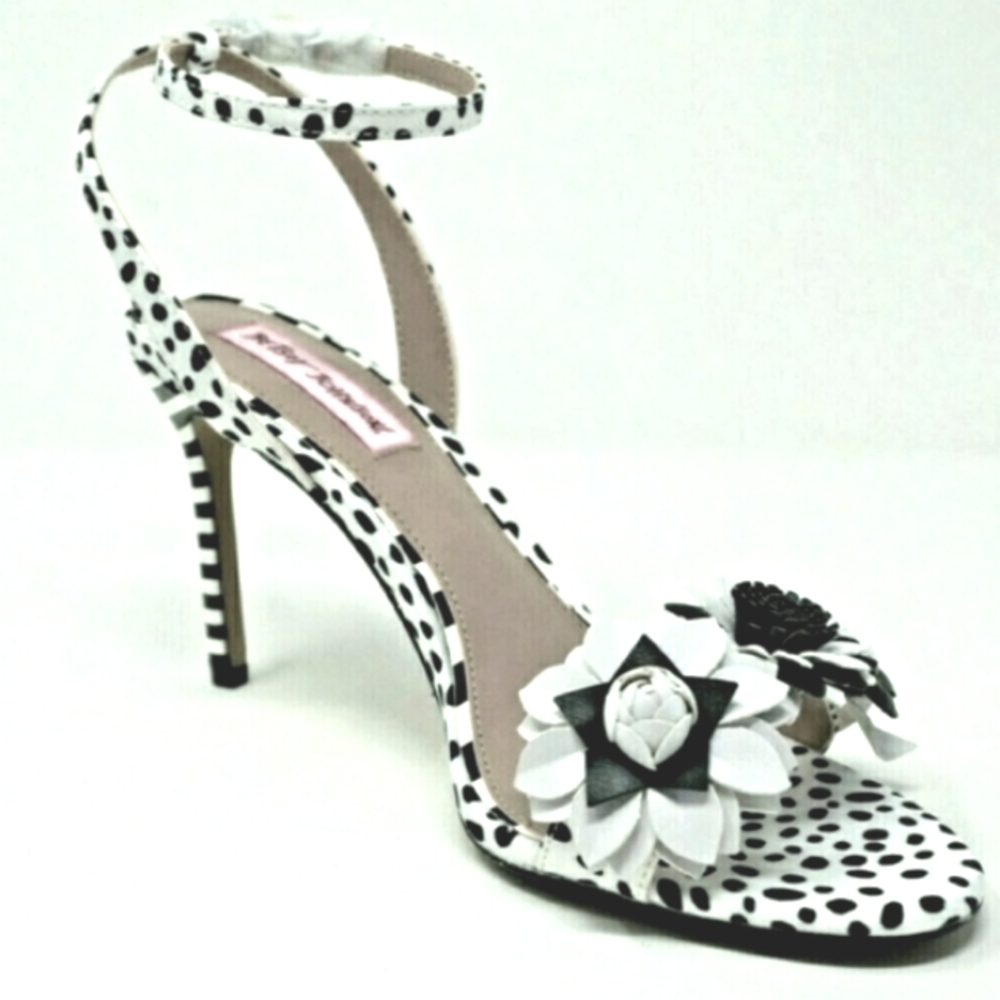 Betsey Johnson Wrap Ankle Dalmatian Fluer Heel Sandals. 6.5M